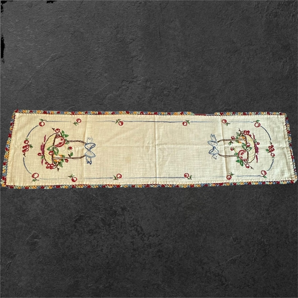 Vintage Hand Embroidered Linen Table Runner Crochet Edge Cottagecore
